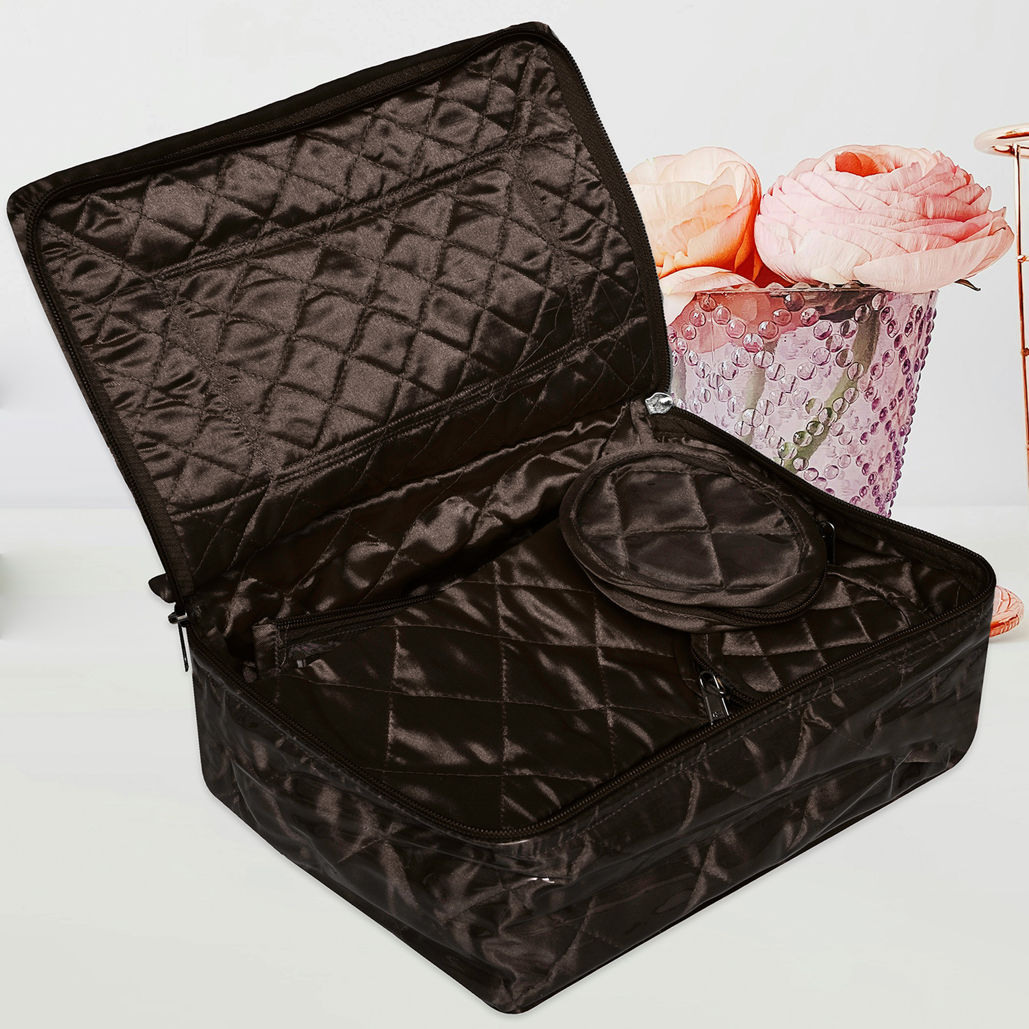 Kuber Industries Makeup Storage Bag | Vanity Organizer | Locker Makeup Kit | Cosmetic Organizer for Travel | Makeup Kit for Woman | 12 Detachable Pouch | Frill Jewellery Organizer | Brown