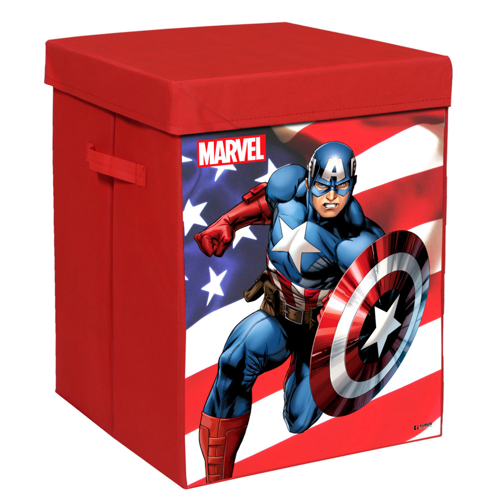 Kuber Industries Marvel Captain America Print Foldable Laundry Basket|Clothes Storage Basket With Handle &amp; Lid,60 Ltr.(Red)