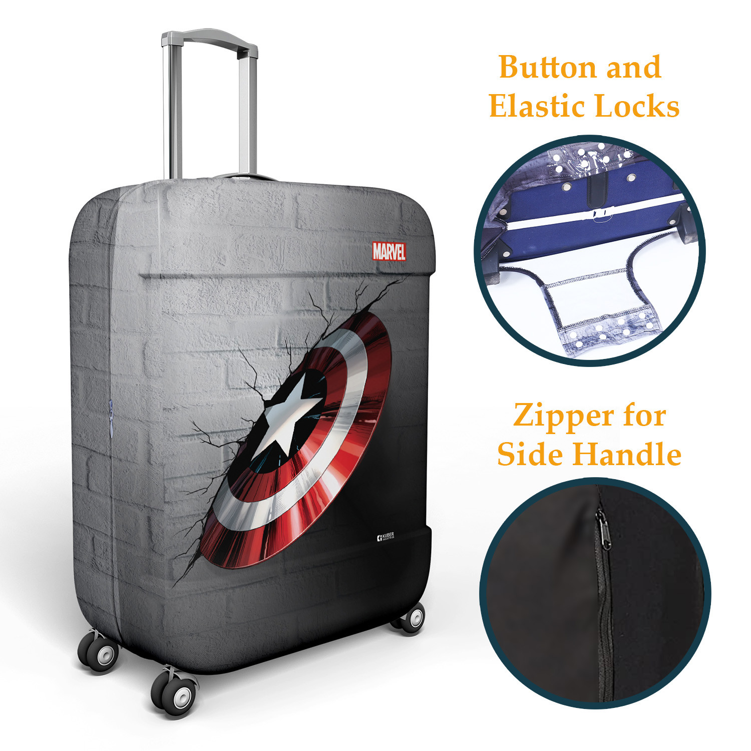 Kuber Industries Marvel Captain America Shield Luggage Cover | Polyester Travel Suitcase Cover | Washable | Stretchable Suitcase Protector | 18-22 Inch | Small | Gray