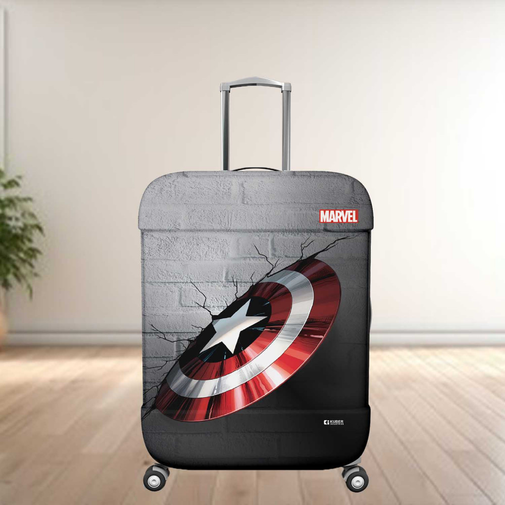 Kuber Industries Marvel Captain America Shield Luggage Cover | Polyester Travel Suitcase Cover | Washable | Stretchable Suitcase Protector | 26-30 Inch | Large | Gray