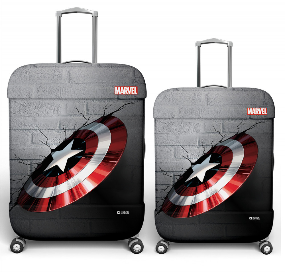 Kuber Industries Marvel Captain America Shield Luggage Cover | Polyester Travel Suitcase Cover | Washable | Stretchable Suitcase Cover | 18-22 Inch-Small | 22-26 Inch-Medium | Pack of 2 | Gray