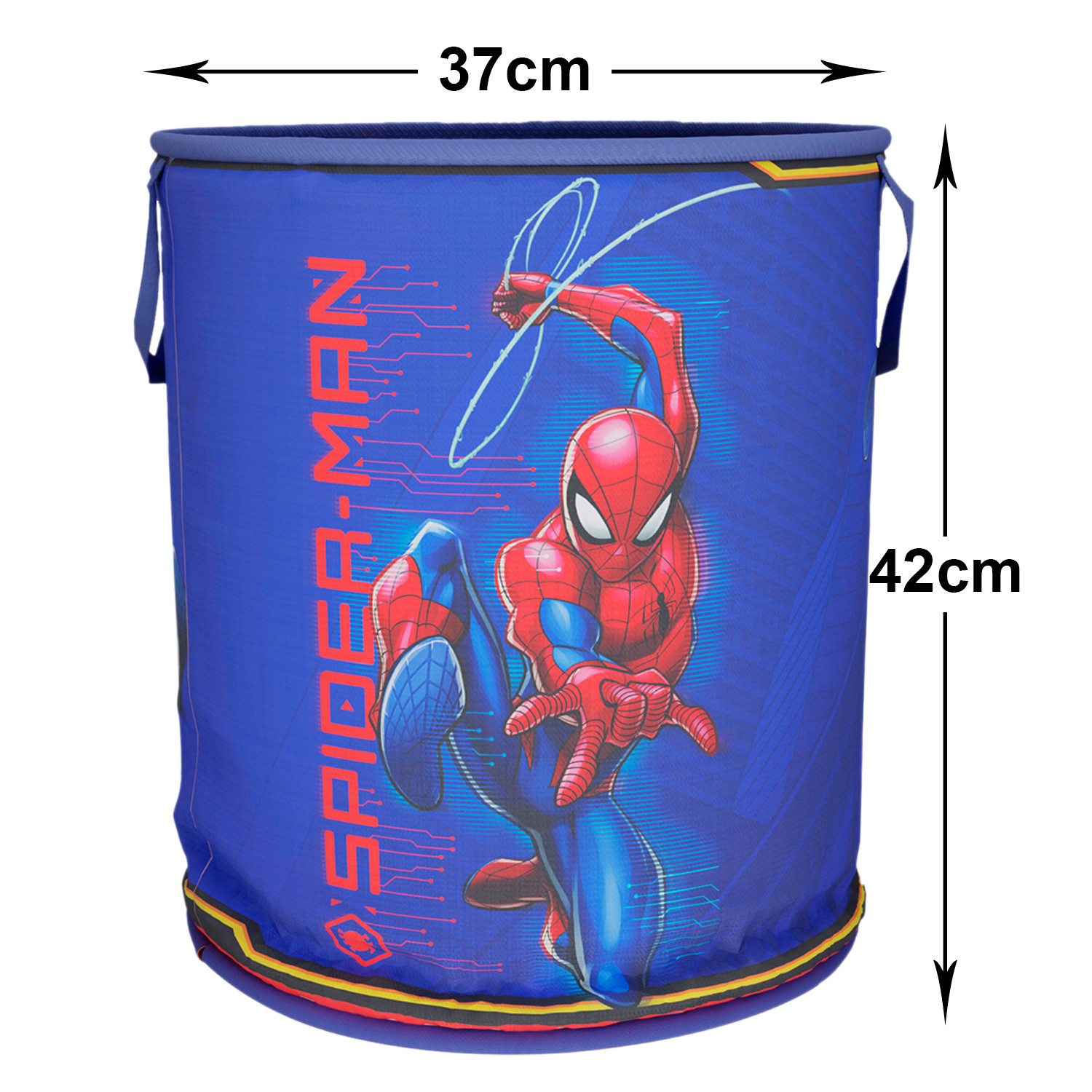 Kuber Industries Marvel Spiderman Print Round Laundry Basket|Polyester Clothes Hamper|Waterproof & Foldable Round Laundry Bag with Handle,45 Ltr.(Navy Blue)