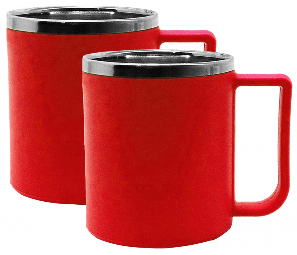 Kuber Industries Medium Size Plastic Steel Cups for Coffee Tea Cocoa, Camping Mugs with Handle, Portable &amp; Easy Clean,(Red)