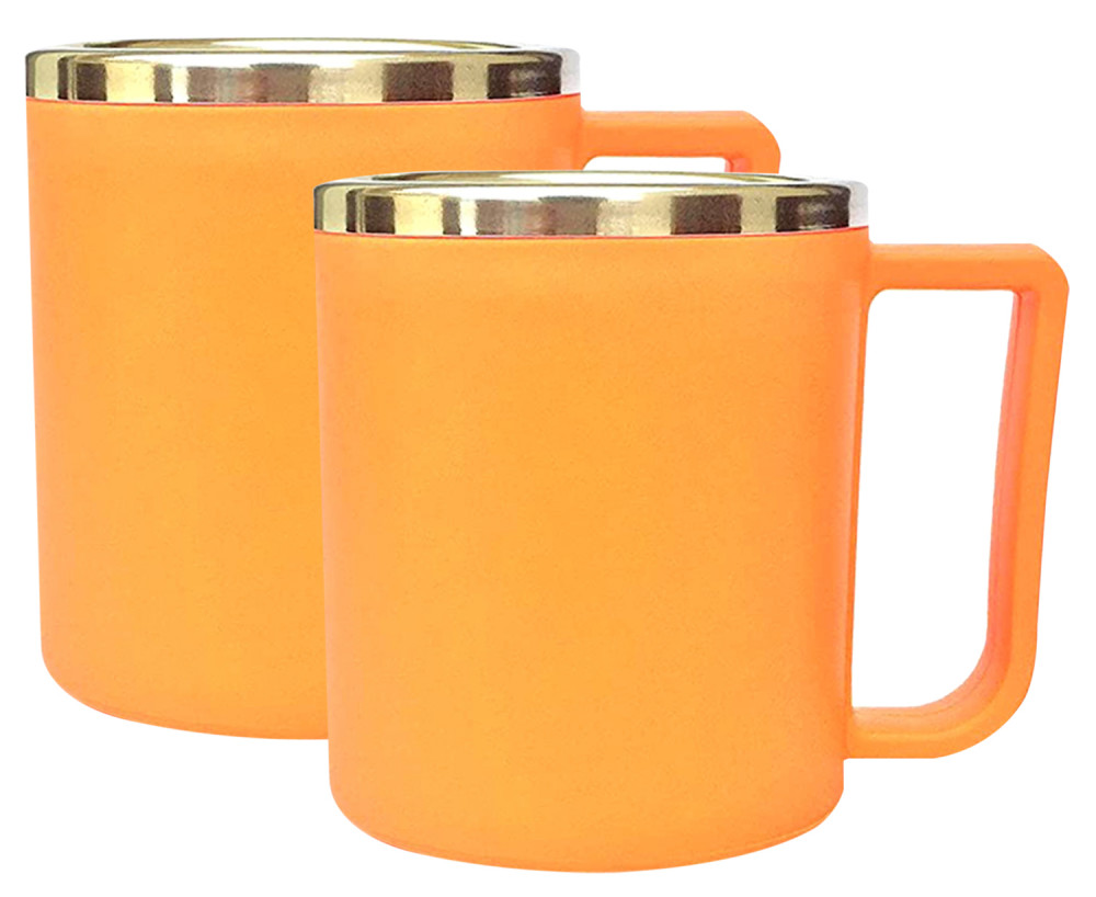 Kuber Industries Medium Size Plastic Steel Cups for Coffee Tea Cocoa, Camping Mugs with Handle, Portable &amp; Easy Clean,(Orange)