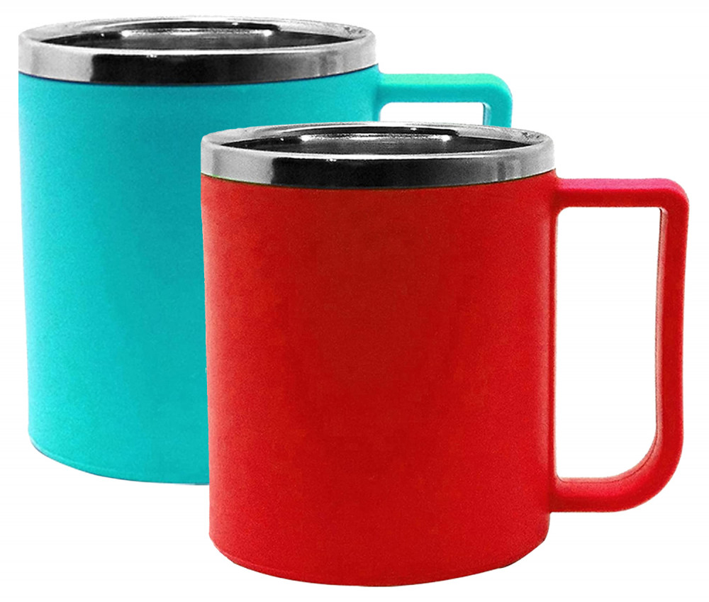 Kuber Industries Medium Size Plastic Steel Cups for Coffee Tea Cocoa, Camping Mugs with Handle, Portable &amp; Easy Clean,(Green &amp; Red)