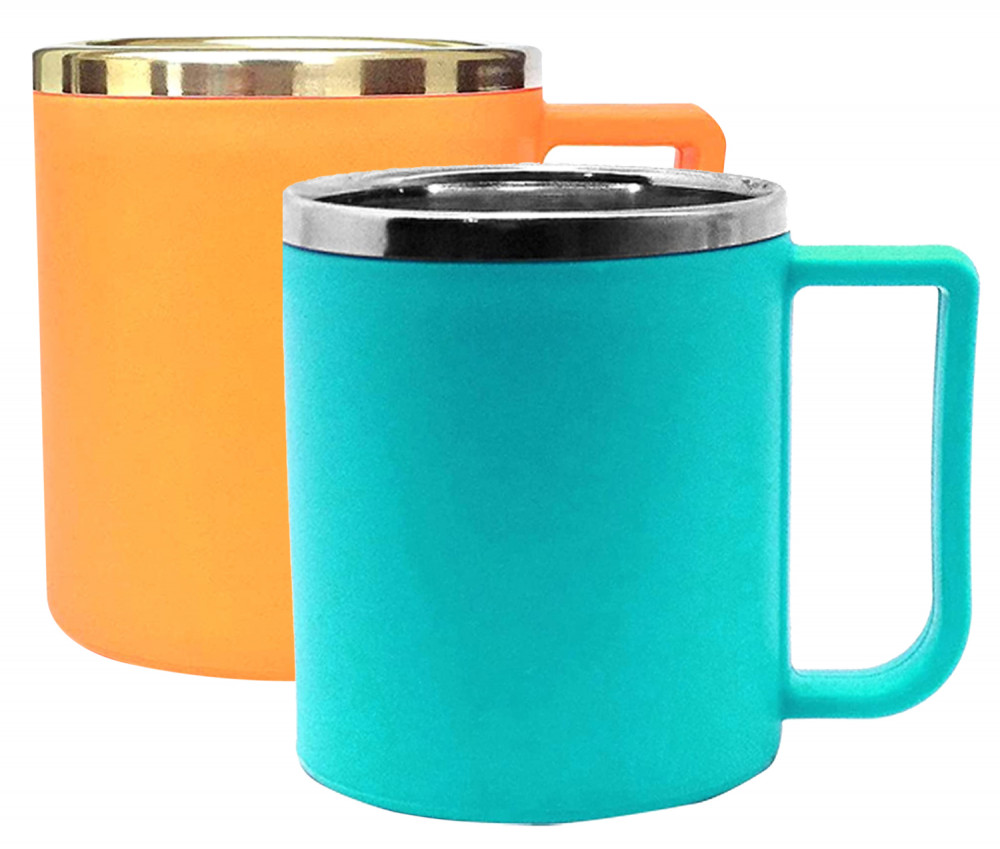 Kuber Industries Medium Size Plastic Steel Cups for Coffee Tea Cocoa, Camping Mugs with Handle, Portable &amp; Easy Clean,(Green &amp; Orange)