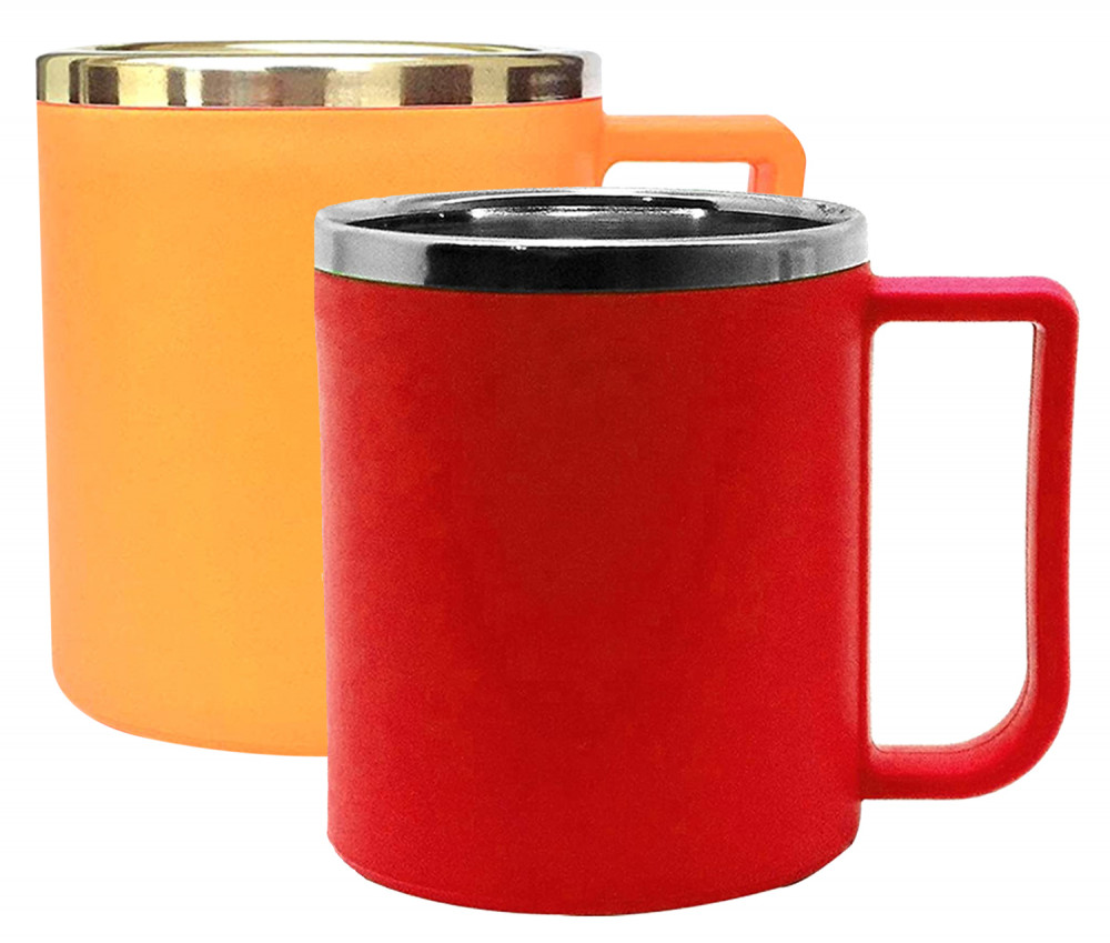 Kuber Industries Medium Size Plastic Steel Cups for Coffee Tea Cocoa, Camping Mugs with Handle, Portable &amp; Easy Clean,(Red &amp; Orange)