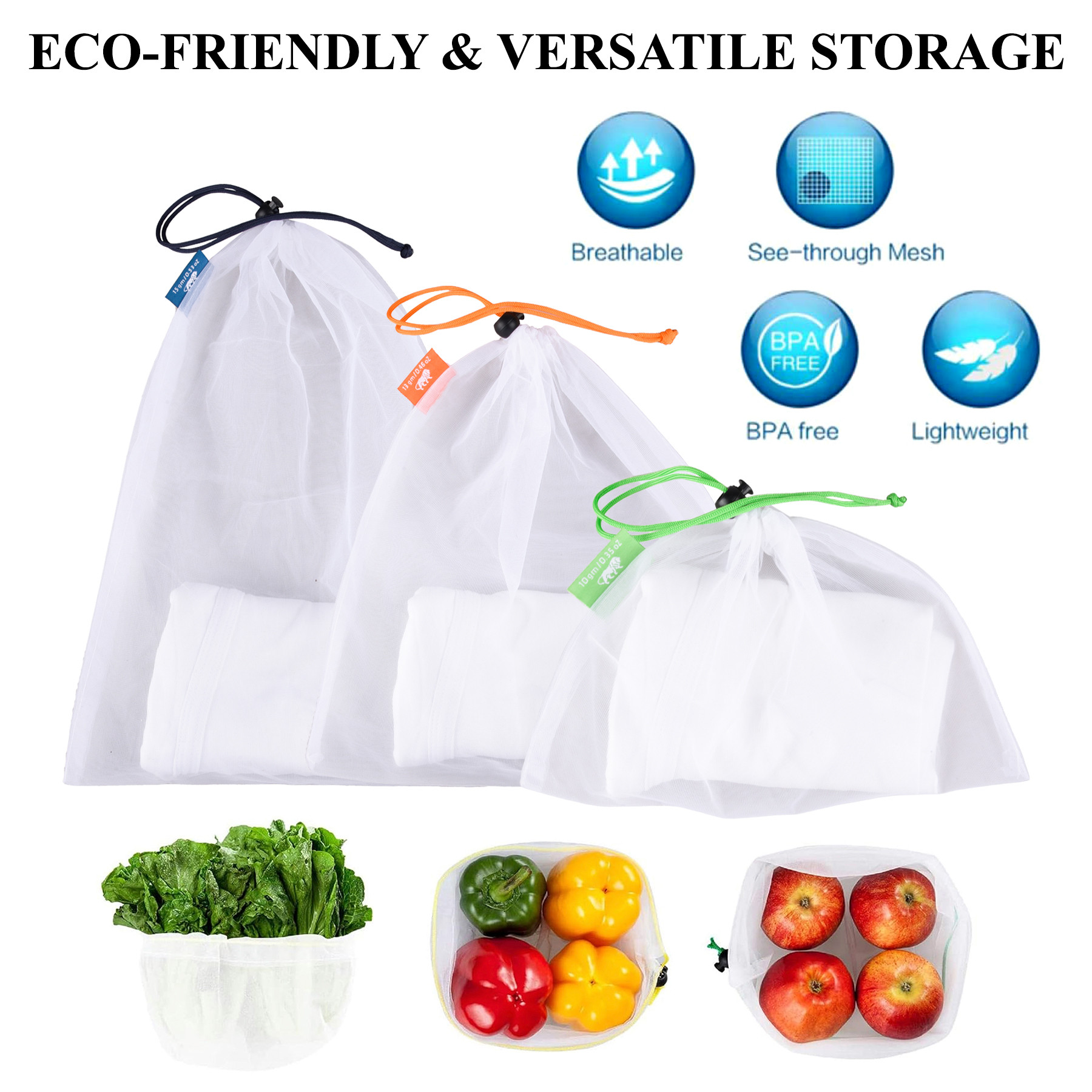 Kuber Industries Mesh Storage Bag | Reusable Mesh Bags | Carry Bags for Fruits-Vegetables-Toys-Groceries |Small-Medium-Large Travel Storage Bags |  White
