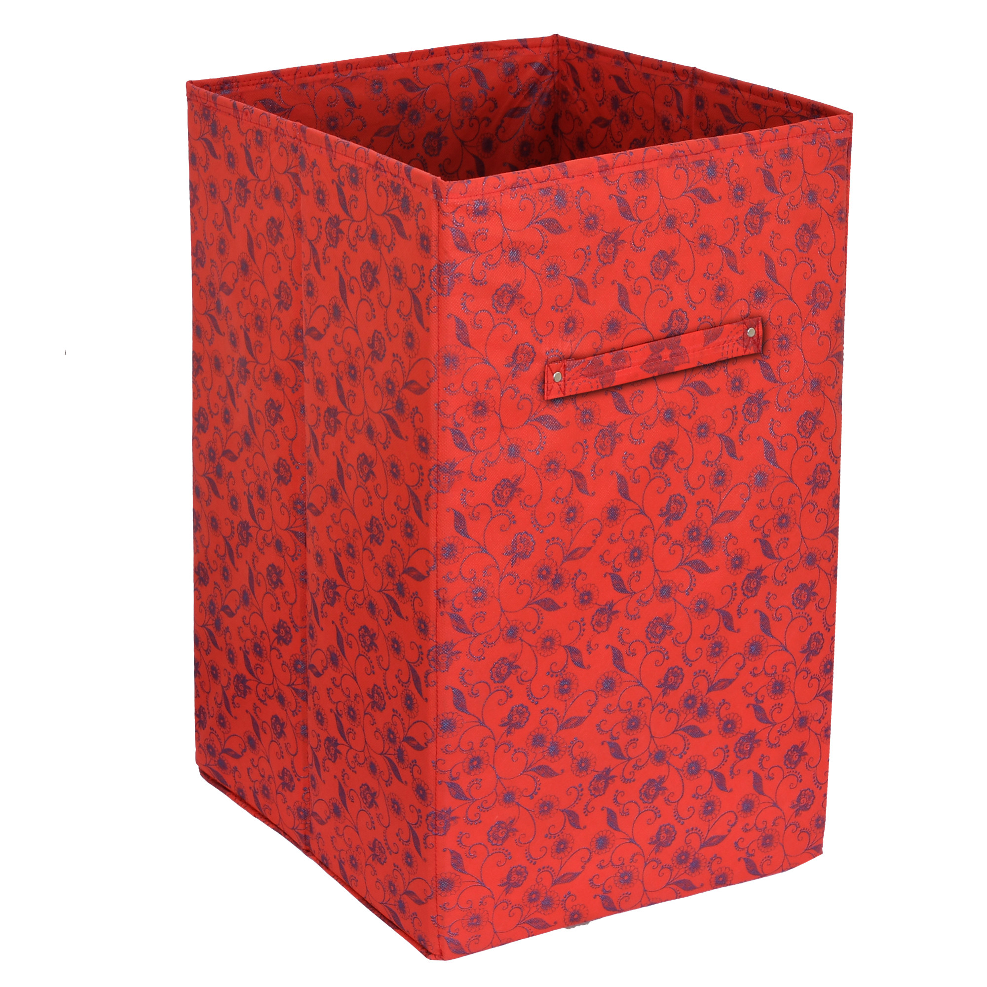 Kuber Industries Metalic Floral Print Non Woven Fabric Foldable Laundry Basket , Toy Storage Basket, Cloth Storage Basket With Handles (Red)-KUBMART2075