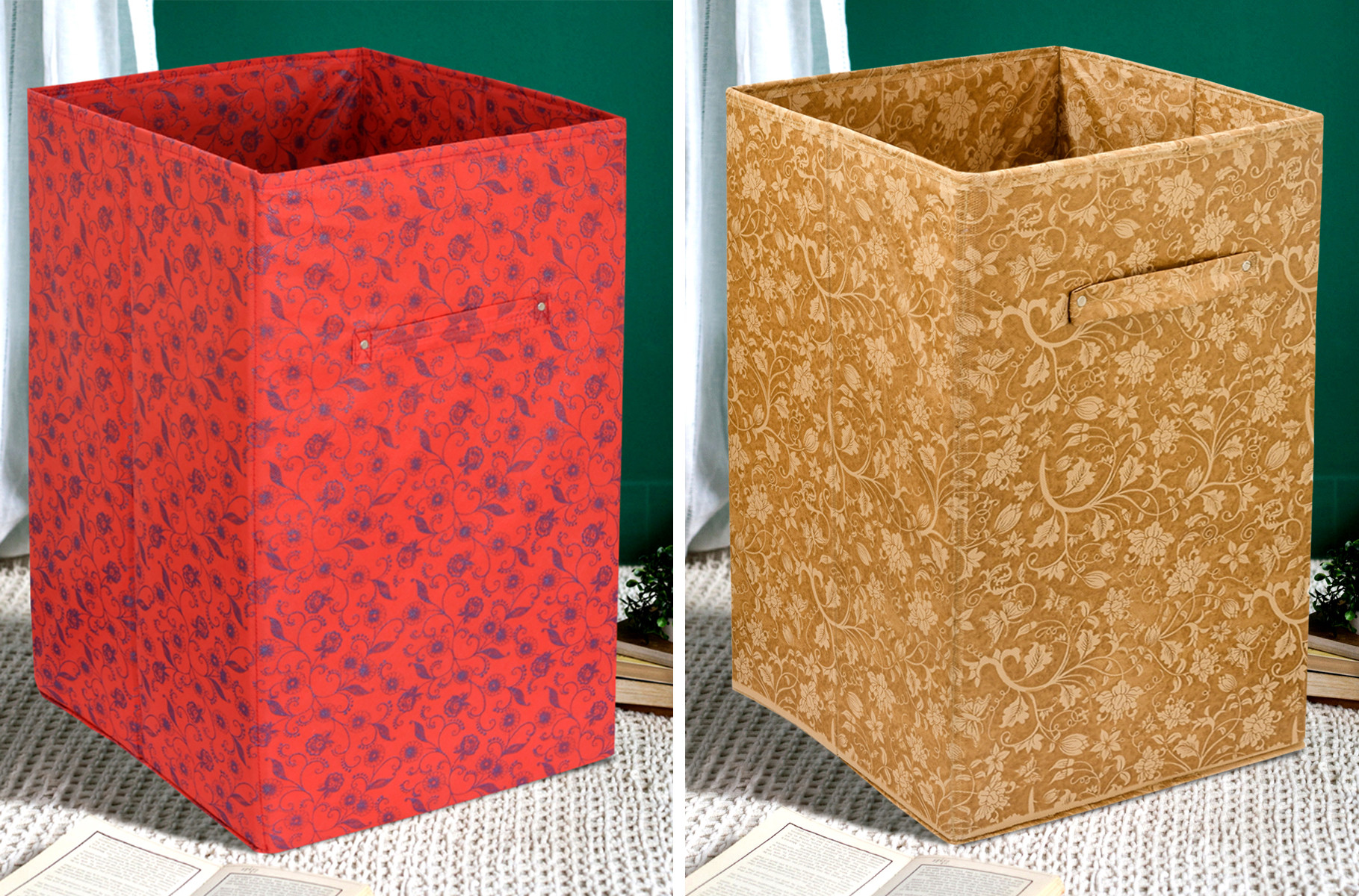 Kuber Industries Metalic Floral Print Non Woven Fabric Foldable Laundry Basket , Toy Storage Basket, Cloth Storage Basket With Handles (Set Of 2, Beige & Red)-KUBMART2083