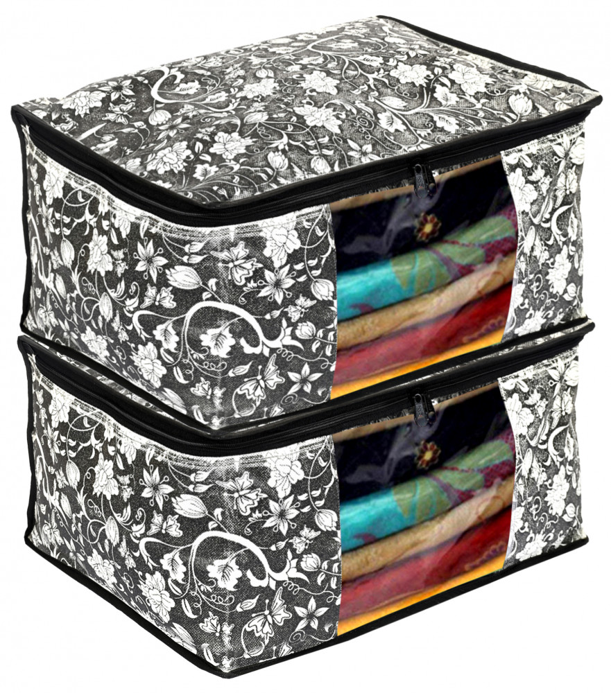 Kuber Industries Metalic Flower Print Non Woven Fabric Saree Cover/Clothes Organiser For Wardrobe Set with Transparent Window, Extra Large (Black)-34_S_KUBMART16515