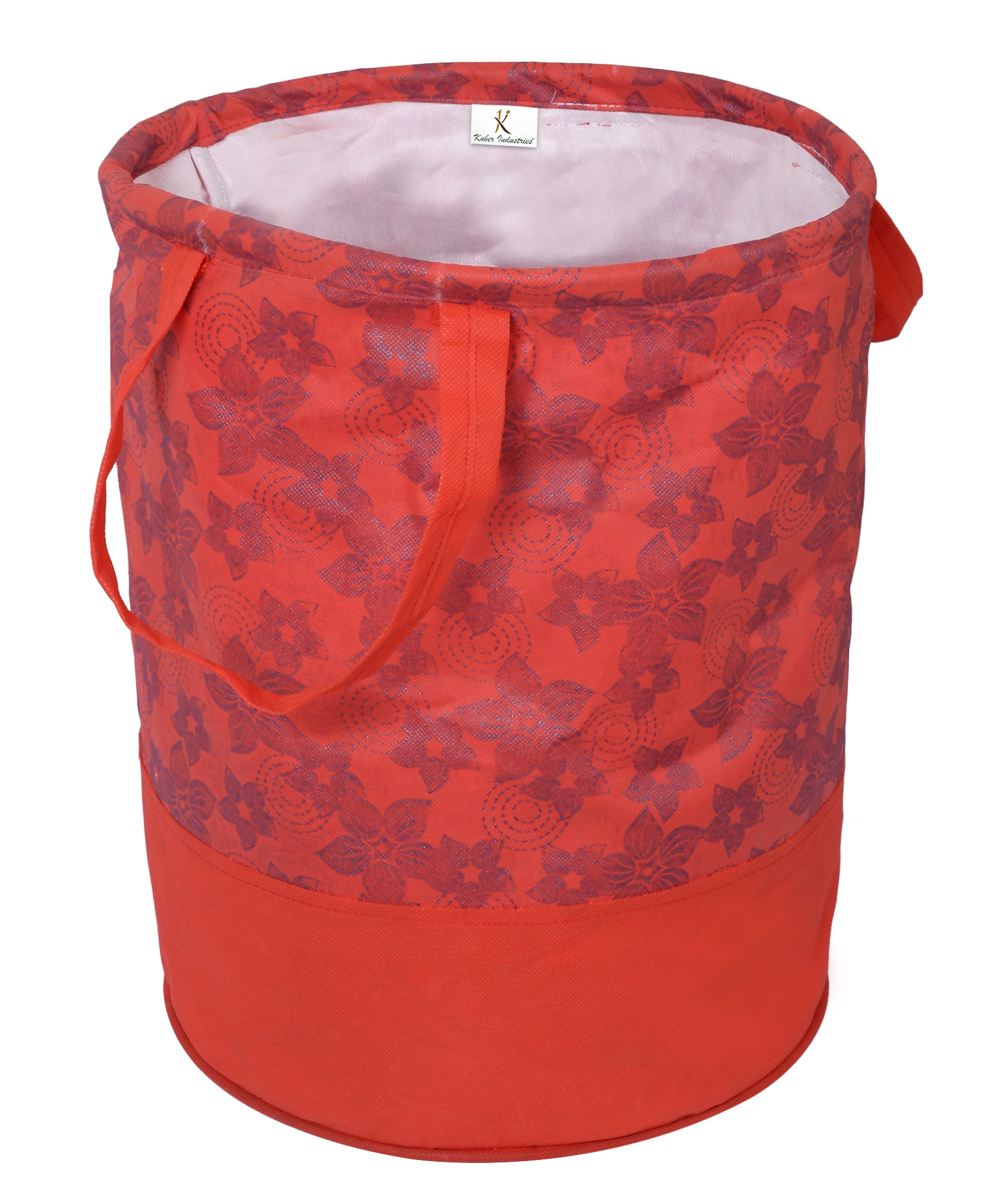 Kuber Industries Metalic Flower Print Round Non Woven Fabric Foldable Laundry Basket , Toy Storage Basket, Cloth Storage Basket With Handles,45 Ltr (Red)-KUBMRT12053