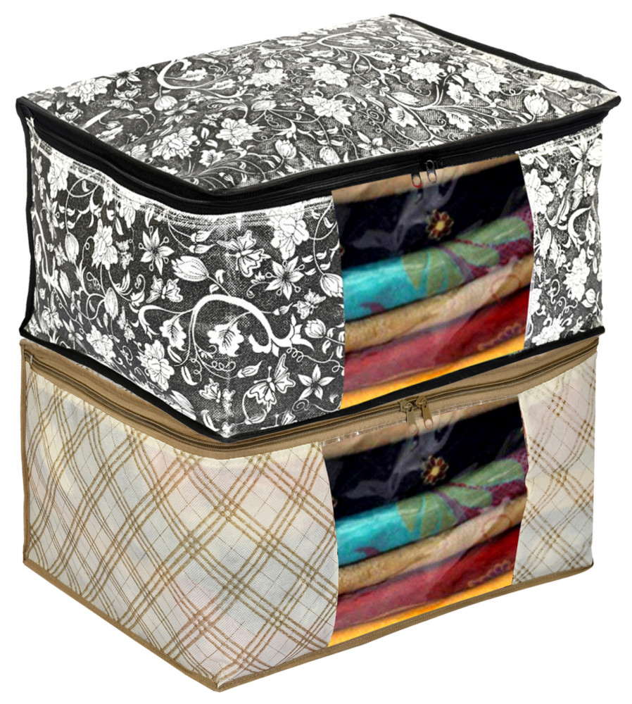 Kuber Industries Metalic Flower,Checkered Print Non Woven Fabric Saree Cover/Clothes Organiser For Wardrobe Set with Transparent Window, Extra Large (Ivory &amp; Black)-34_S_KUBMART16543