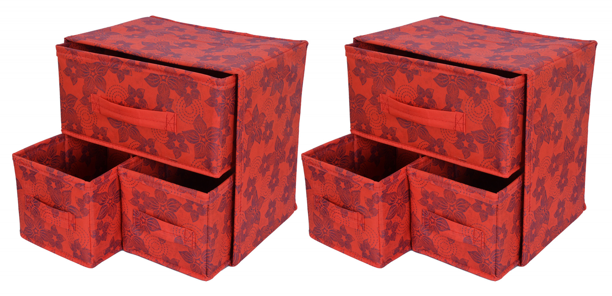 Kuber Industries Metalic Print 2 Layer 3-Drawer Fabric Cube Foldable Storage Organizer Box, Dressing Organizer,Jewellery organizer (Set Of 2, Red)-KUBMART2137