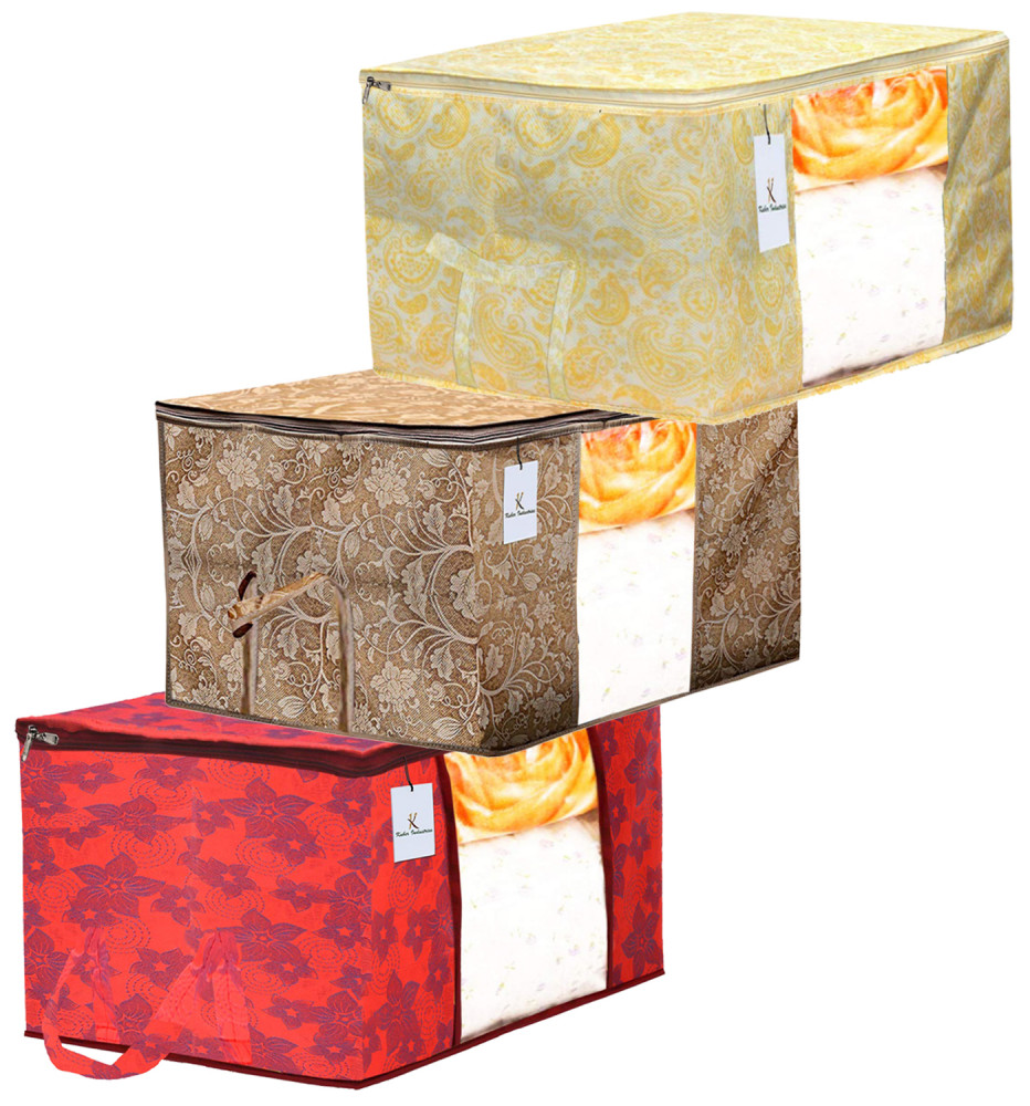 Kuber Industries Metalic Printed 3 Piece Non Woven Fabric Underbed Storage Bag,Cloth Organiser,Blanket Cover with Transparent Window, Gold &amp; Red &amp; Beige -CTKTC41077