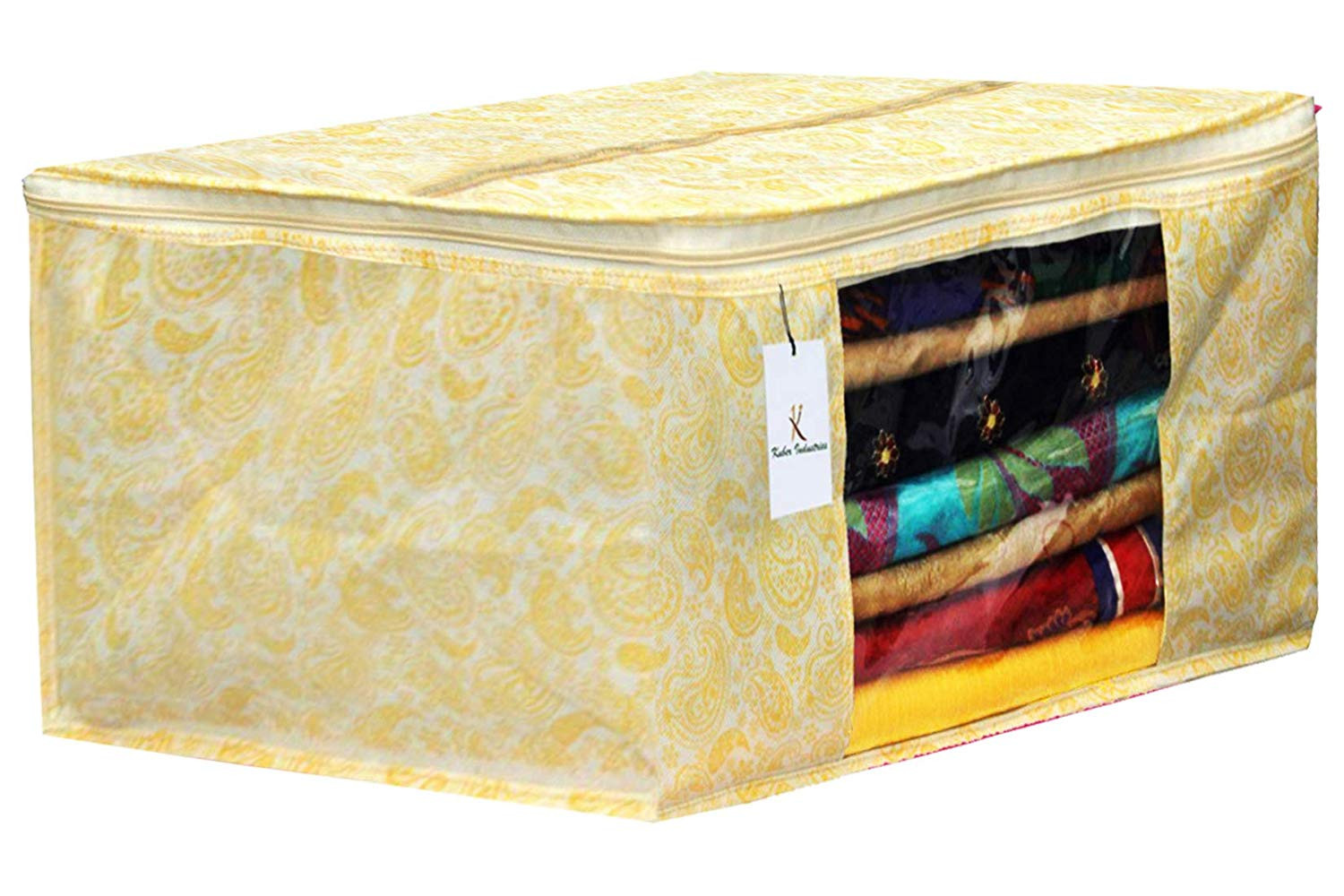 Kuber Industries Metalic Printed Non Woven Fabric Saree Cover Set with Transparent Window, Extra Large, Golden Brown & Gold -CTKTC40781