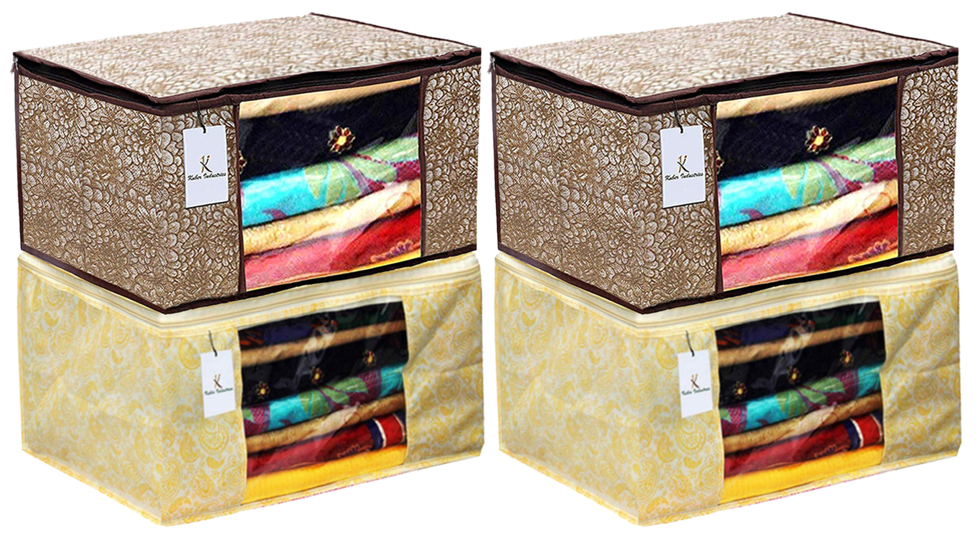 Kuber Industries Metalic Printed Non Woven Fabric Saree Cover Set with Transparent Window, Extra Large, Golden Brown & Gold -CTKTC40781