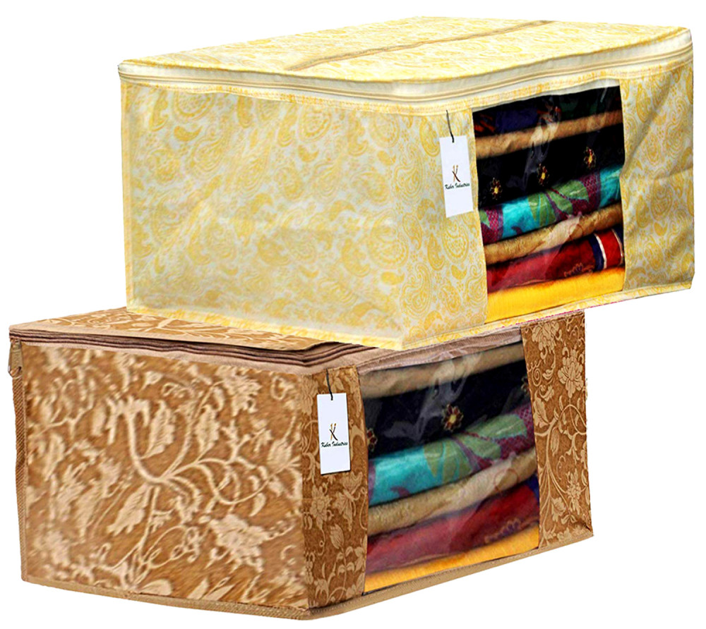 Kuber Industries Metalic Printed Non Woven Fabric Saree Cover Set with Transparent Window, Extra Large, Gold &amp; Beige -CTKTC40783