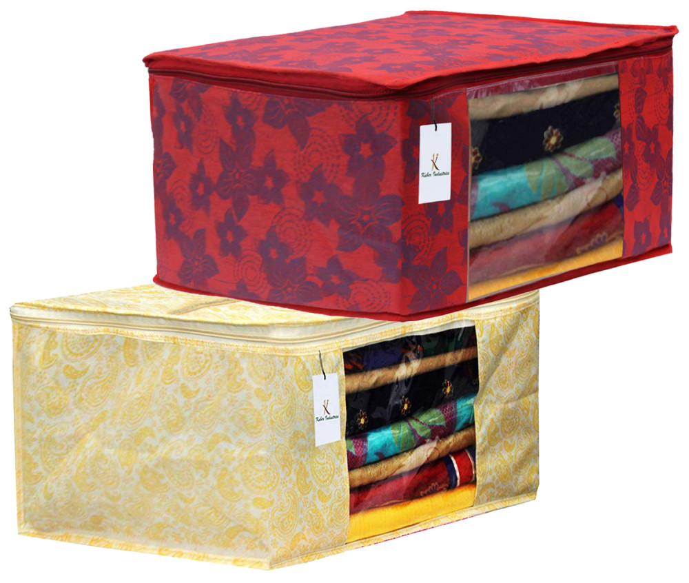 Kuber Industries Metalic Printed Non Woven Fabric Saree Cover Set with Transparent Window, Extra Large, Gold &amp; Red -CTKTC40785