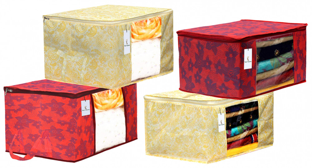 Kuber Industries Metalic Printed Non Woven Saree Cover And Underbed Storage Bag, Storage Organiser, Blanket Cover, Gold &amp; Red -CTKTC42389