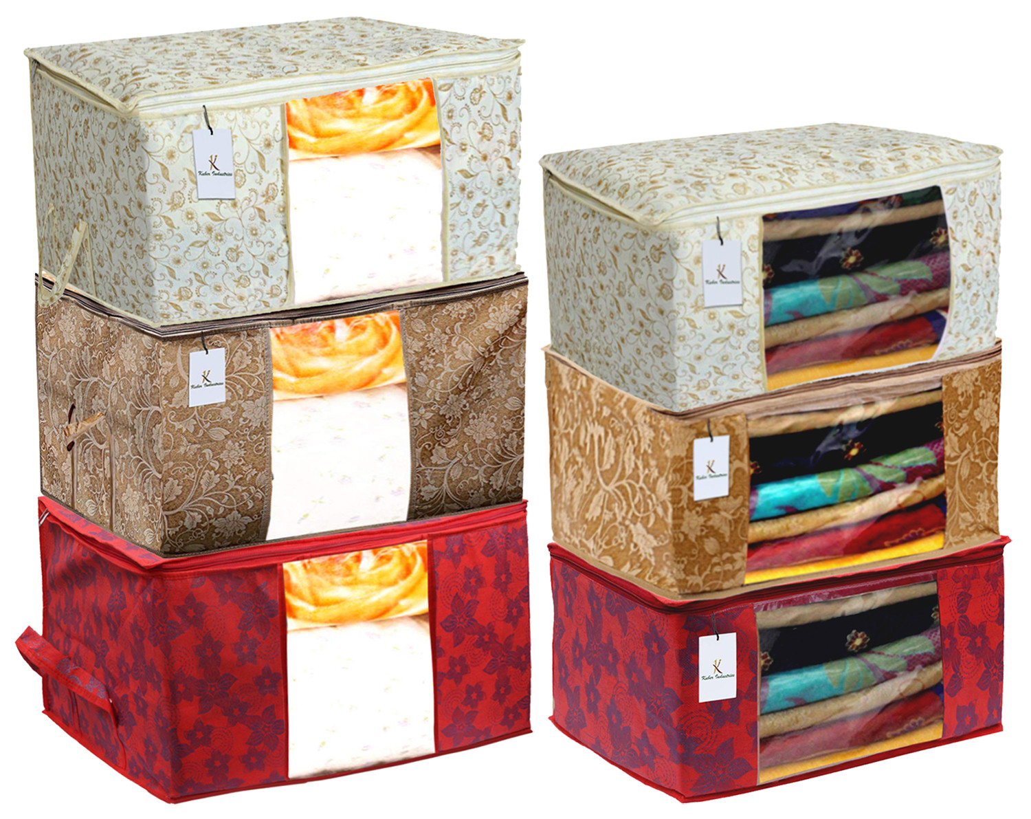 Kuber Industries Metalic Printed Non Woven Saree Cover And Underbed Storage Bag, Storage Organiser, Blanket Cover, Red & Beige & Brown  -CTKTC42399