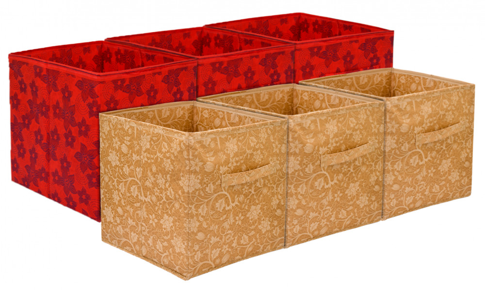 Kuber Industries Metallic Print Non Woven 6 Pieces Fabric Foldable Cubes Storage Box with Handle, Extra Large (Red &amp; Beige)-KUBMART1762