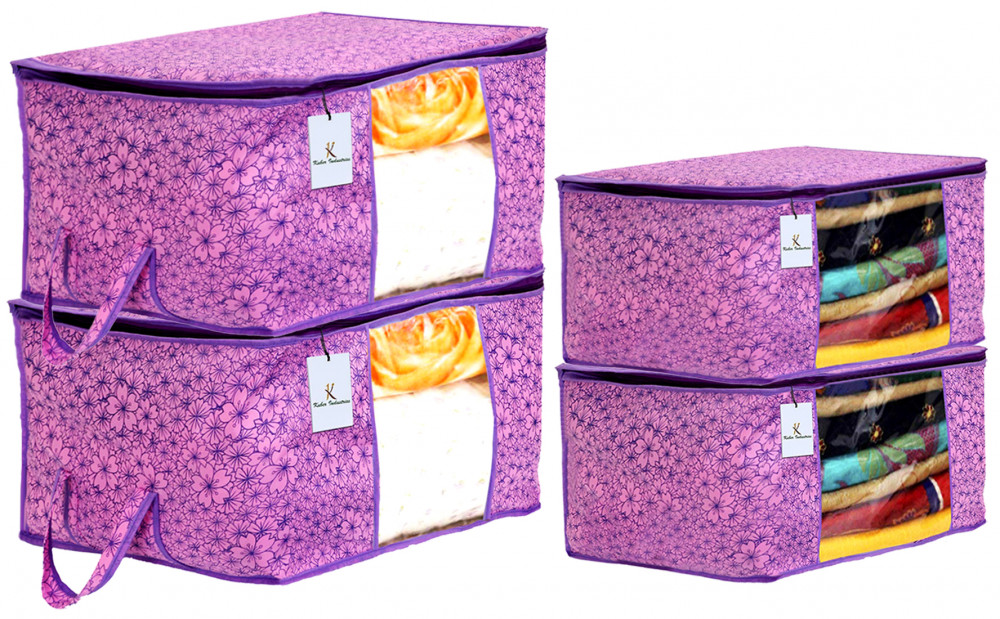 Kuber Industries Metallic Printed Non Woven Saree Cover And Underbed Storage Bag, Cloth Organizer For Storage, Blanket Cover Combo Set (Pink &amp; Purple) -CTKTC38571