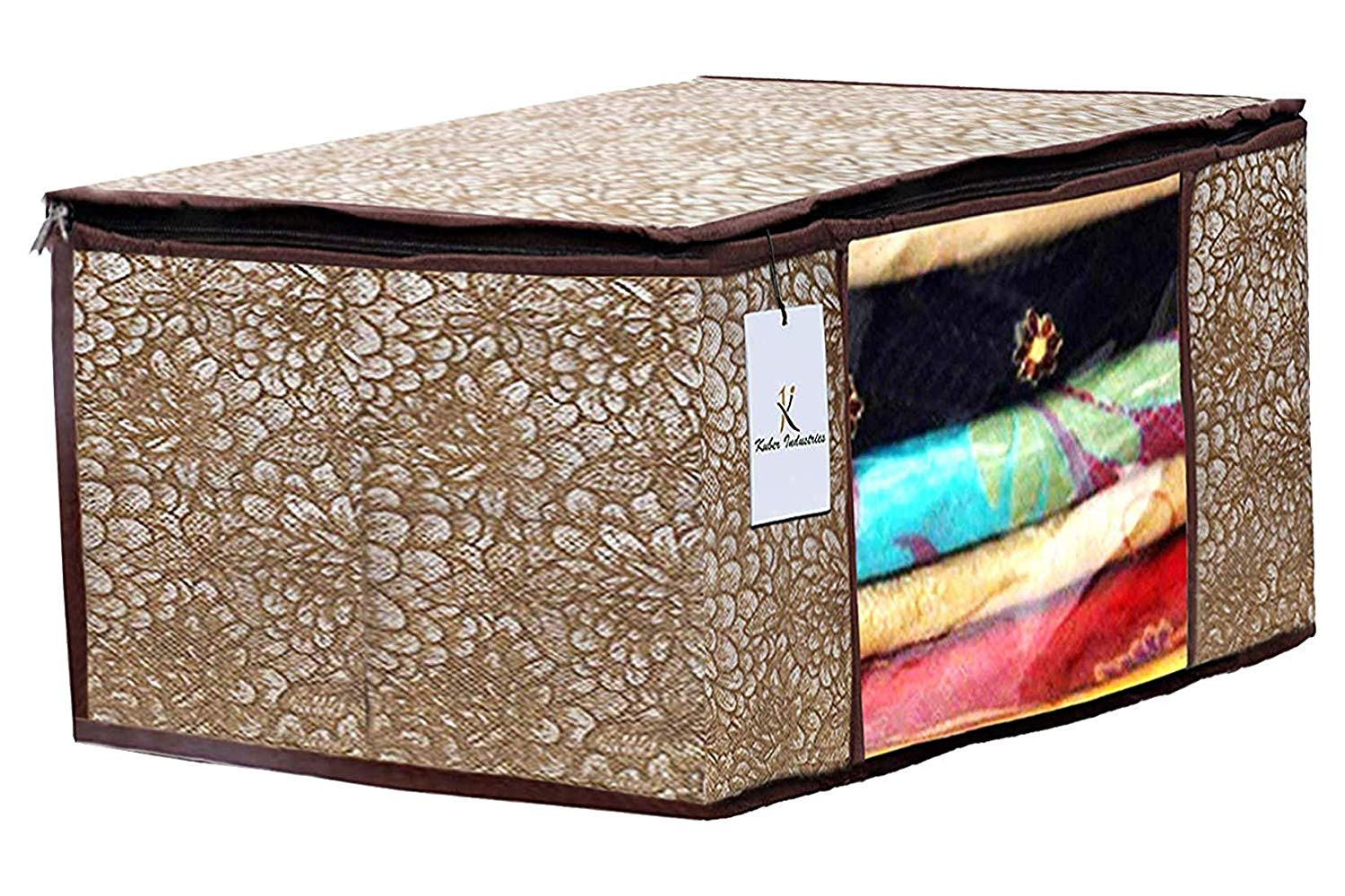 Kuber Industries Metallic Printed Non Woven Saree Cover And Underbed Storage Bag, Cloth Organizer For Storage, Blanket Cover Combo Set (Gold & Brown) -CTKTC38595