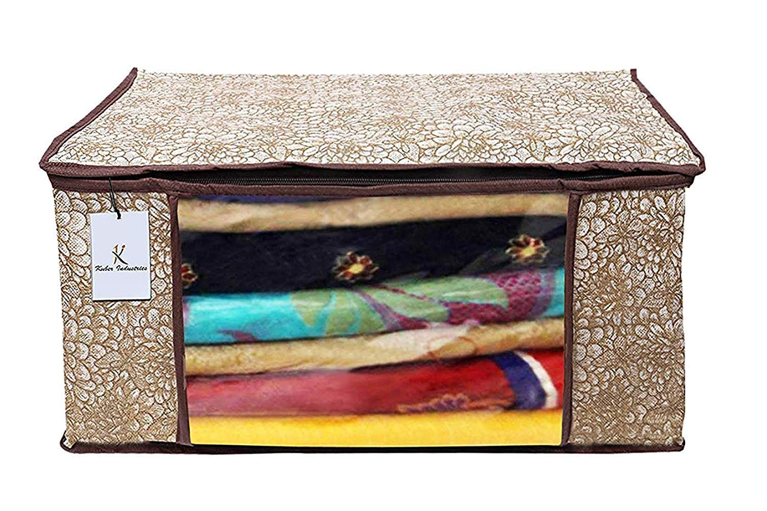 Kuber Industries Metallic Printed Non Woven Saree Cover And Underbed Storage Bag, Cloth Organizer For Storage, Blanket Cover Combo Set (Gold & Brown) -CTKTC38595