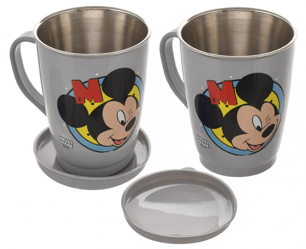 Kuber Industries Mickey Face Printed Food Grade BPA Free Tea/Coffee Mug for Coffee Tea Cocoa, Camping Mugs with Lid,(Light Grey)