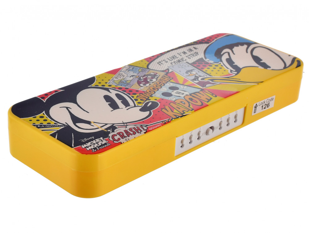 Kuber Industries Mickey Mouse &amp; Friends Printed Plastic Pencil Box With Number Lock Passward &amp; Accessories (Yellow)
