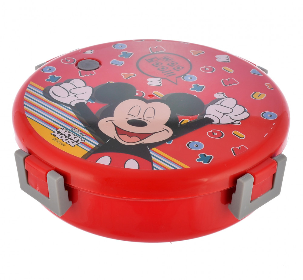 Kuber Industries Mickey Mouse Printed Round Inner Steel, BPA Free Insulated Lunch Box with Pickle Box &amp; 1 Plastic Spoon (Red)