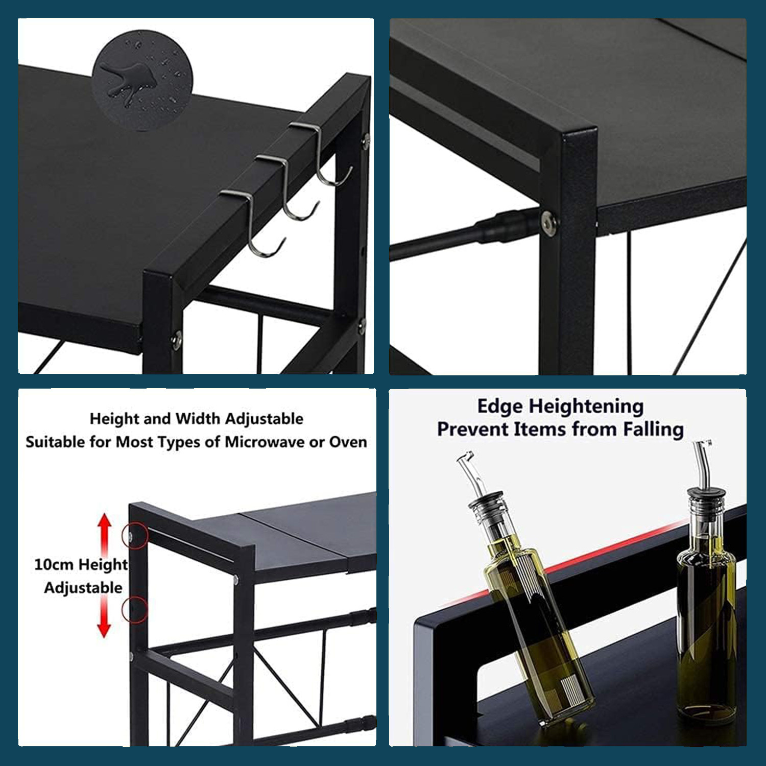 Kuber Industries Microwave Oven Rack|Telescopic Storage Rack|Microwave Shelf Stand With Hanging Hooks|Kitchen Counter Shelf Organizer (Black)