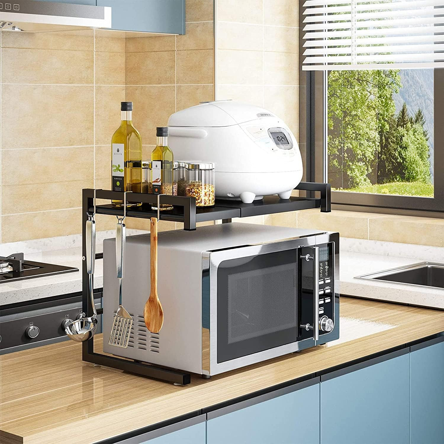 Kuber Industries Microwave Oven Rack|Telescopic Storage Rack|Microwave Shelf Stand With Hanging Hooks|Kitchen Counter Shelf Organizer (Black)