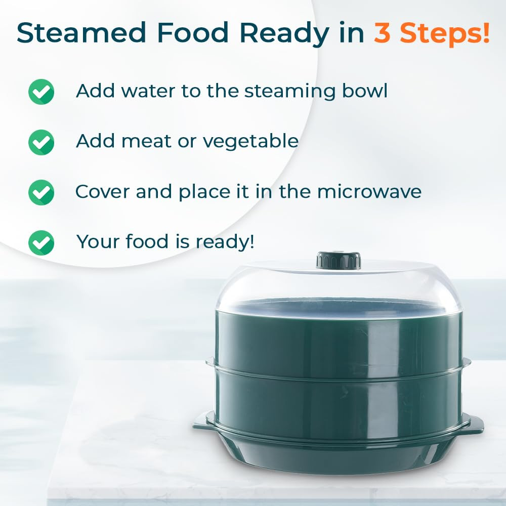 Kuber Industries Microwave Oven Steamer With Handle & Lid (1 Cover +2 Box +1 Base) | Green