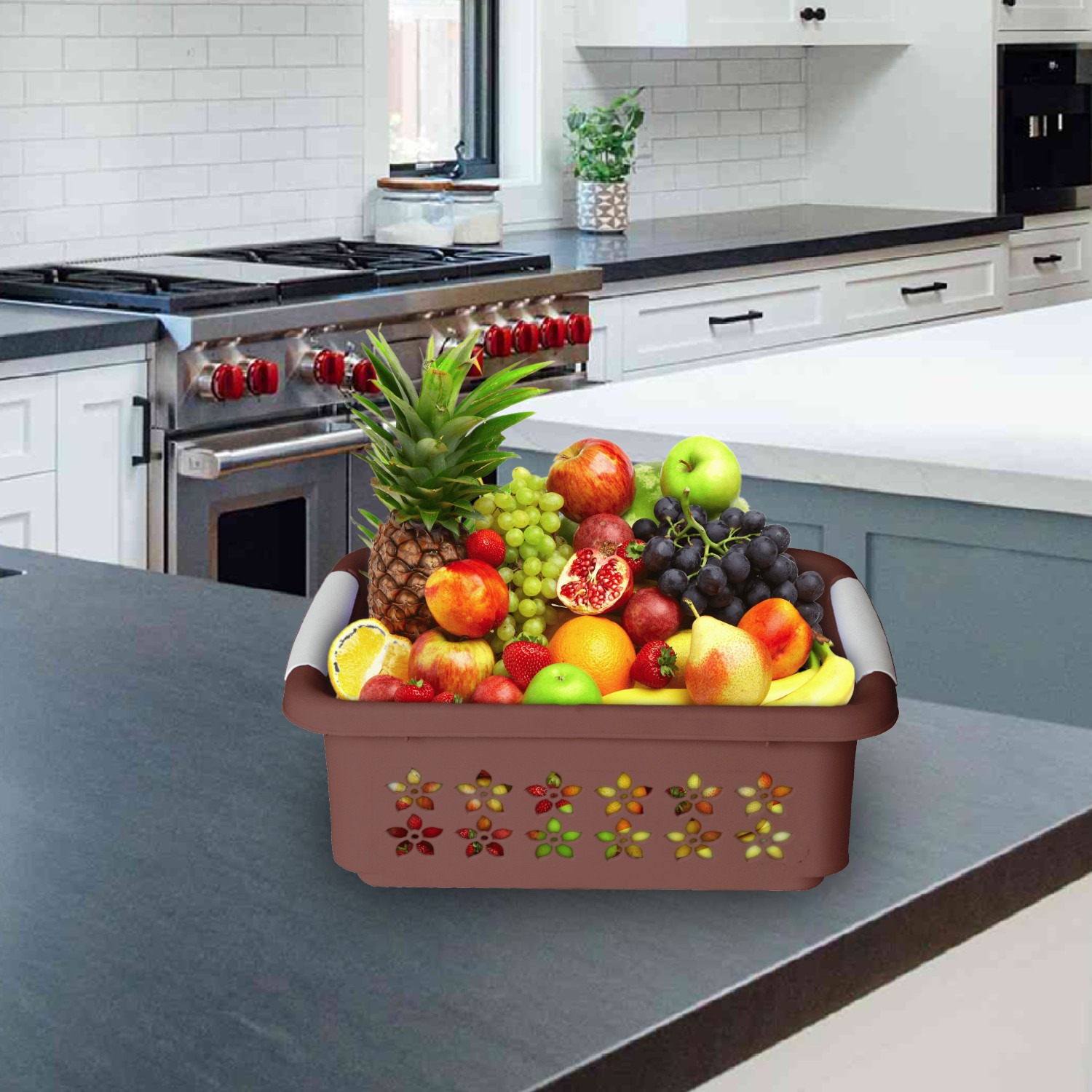 Kuber Industries Multipurpose Rectangle Shape Plastic Storage Basket for Kitchen, Fruit Basket, Office Table, Storage Organizer Large (Brown)