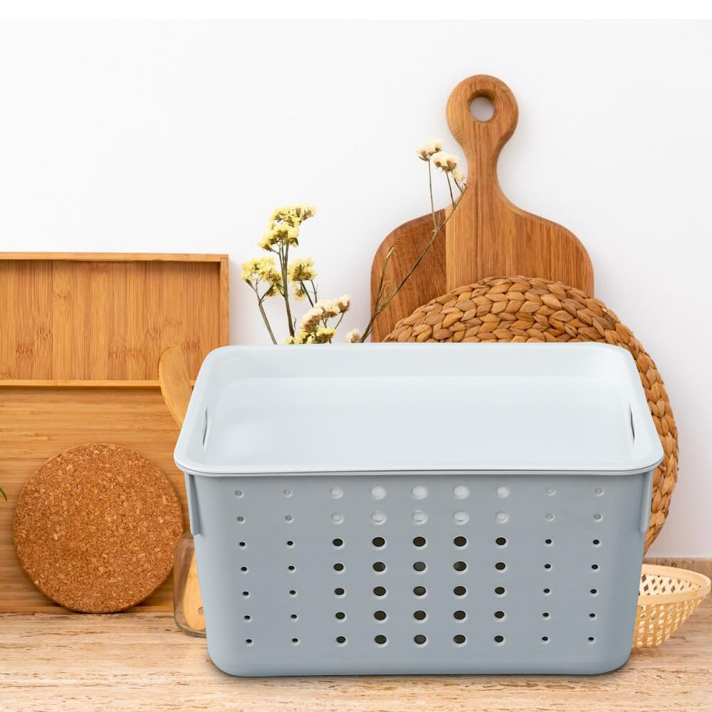 Kuber Industries Multipurpose Small Storage Basket with Lid|Dotted Design Storage Organizer|Basket For Cosmetic, Fruits, Assesories|Grey|