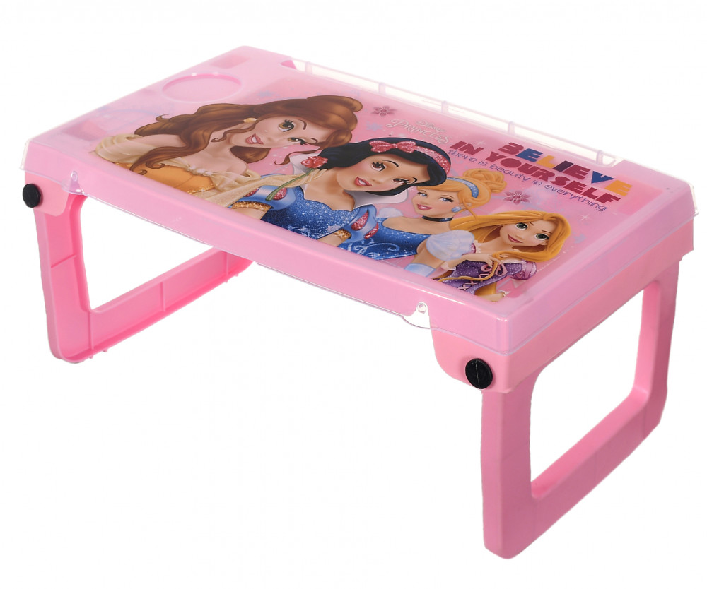 Kuber Industries Multiuses Disney Princess Print Plastic Study Desk/Laptop Table With Camparment For Home &amp; Office (Pink)