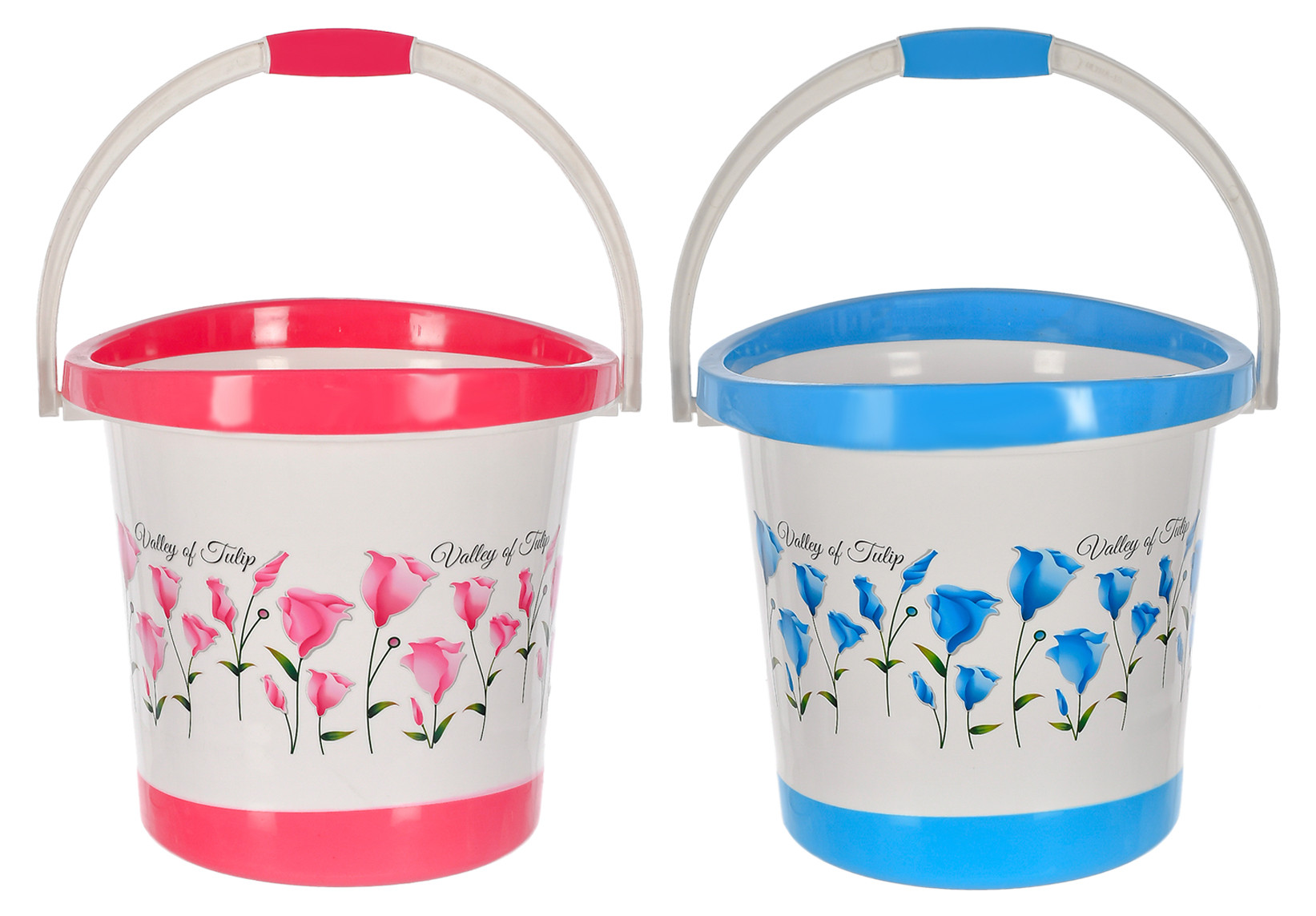 Kuber Industries Multiuses Floral Print Plastic Bucket With Handle, 18 litre Pack of 2 (Blue & White & Pink)-46KM0379