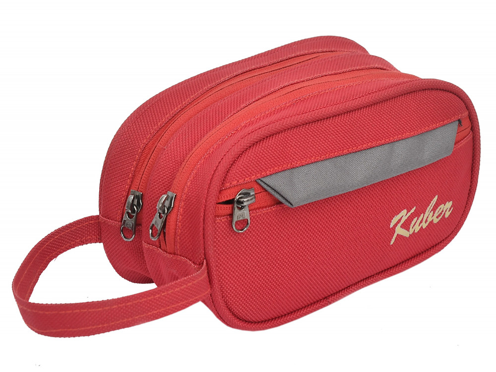 Kuber Industries Multiuses Rexine Travel Toilerty bag/Shaving Kit/Dopp Kit/Cosmetic Bag With 3 Zipper Comparments &amp; Carrying Strip (Red)
