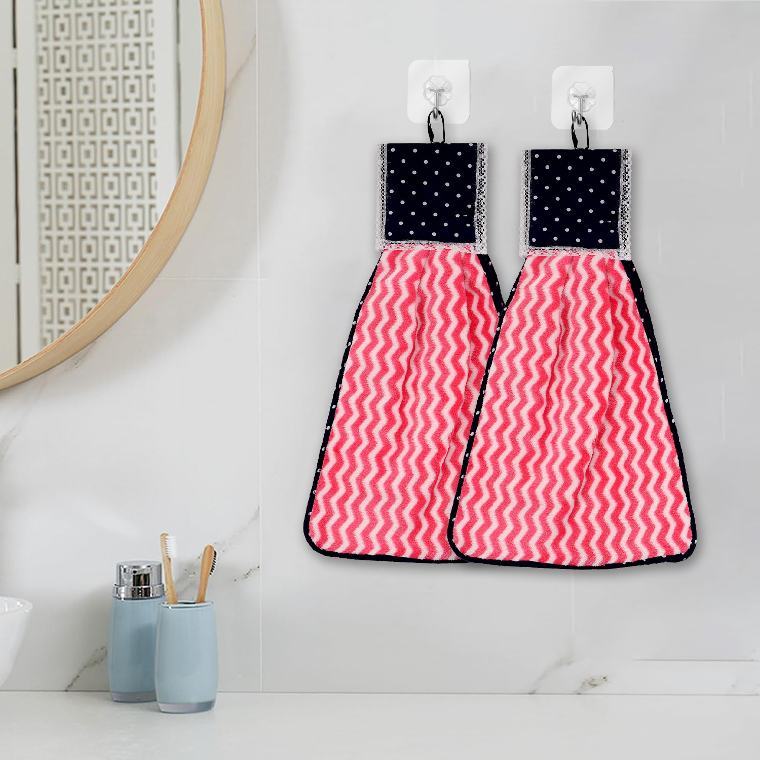 Kuber Industries Napkin | Washbasin Hanging Napkin | Kitchen Towel with Ties | Napkin for Kitchen | Zig Zag Napkin for Bathroom | Hand Towel for Kitchen | Pink
