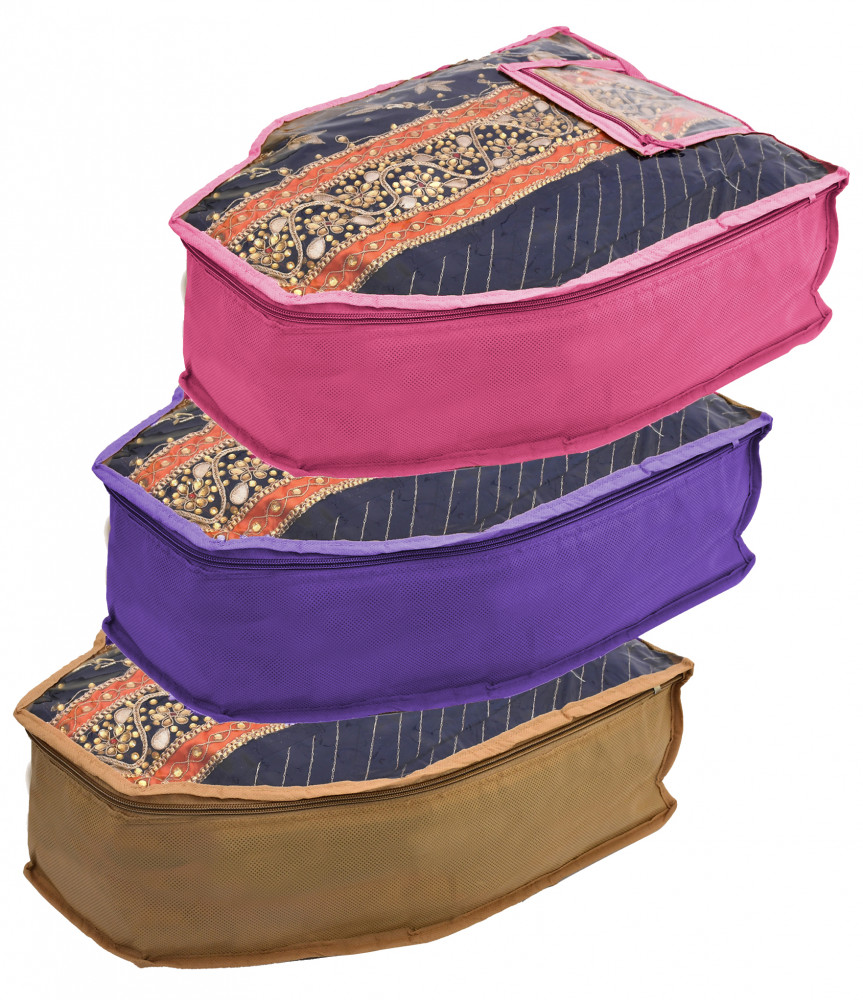 Kuber Industries Non Woven Blouse Cover With Front Transparent Window With Attached Pocket Set (Brown &amp; Purple &amp; Pink)