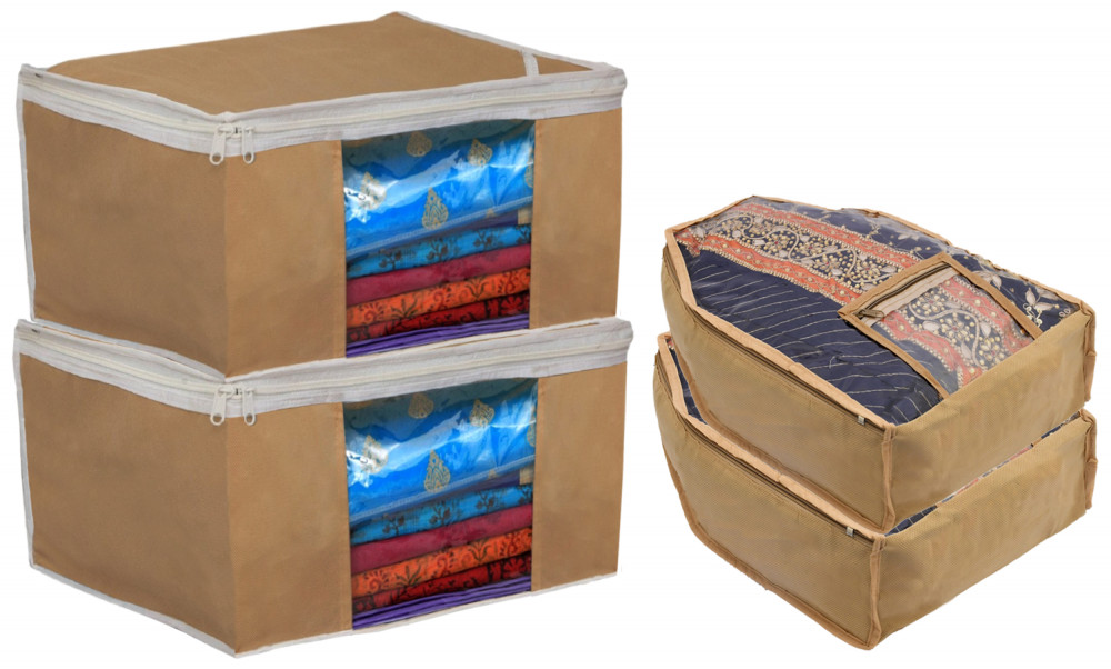 Kuber Industries Non Woven Saree Cover/Cloth Wardrobe Organizer and Blouse Cover Combo Set (Brown)
