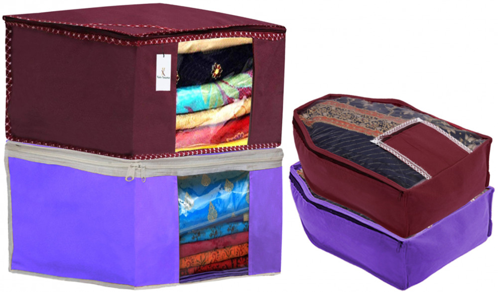 Kuber Industries Non Woven Saree Cover/Cloth Wardrobe Organizer and Blouse Cover Combo Set (Maroon &amp; Purple)