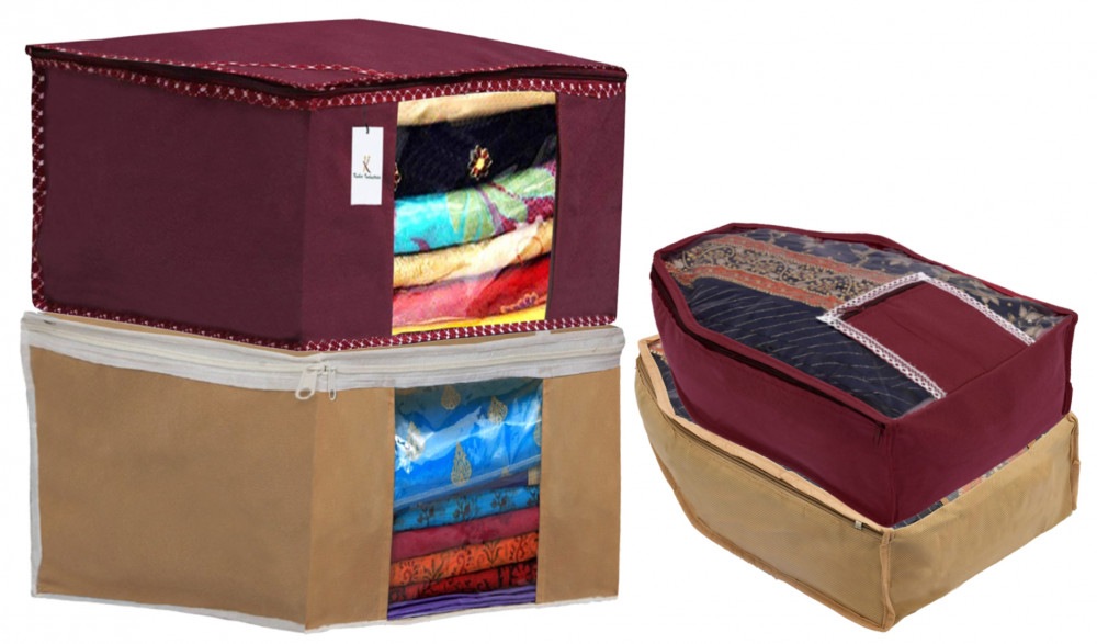 Kuber Industries Non Woven Saree Cover/Cloth Wardrobe Organizer and Blouse Cover Combo Set (Maroon &amp; Brown)