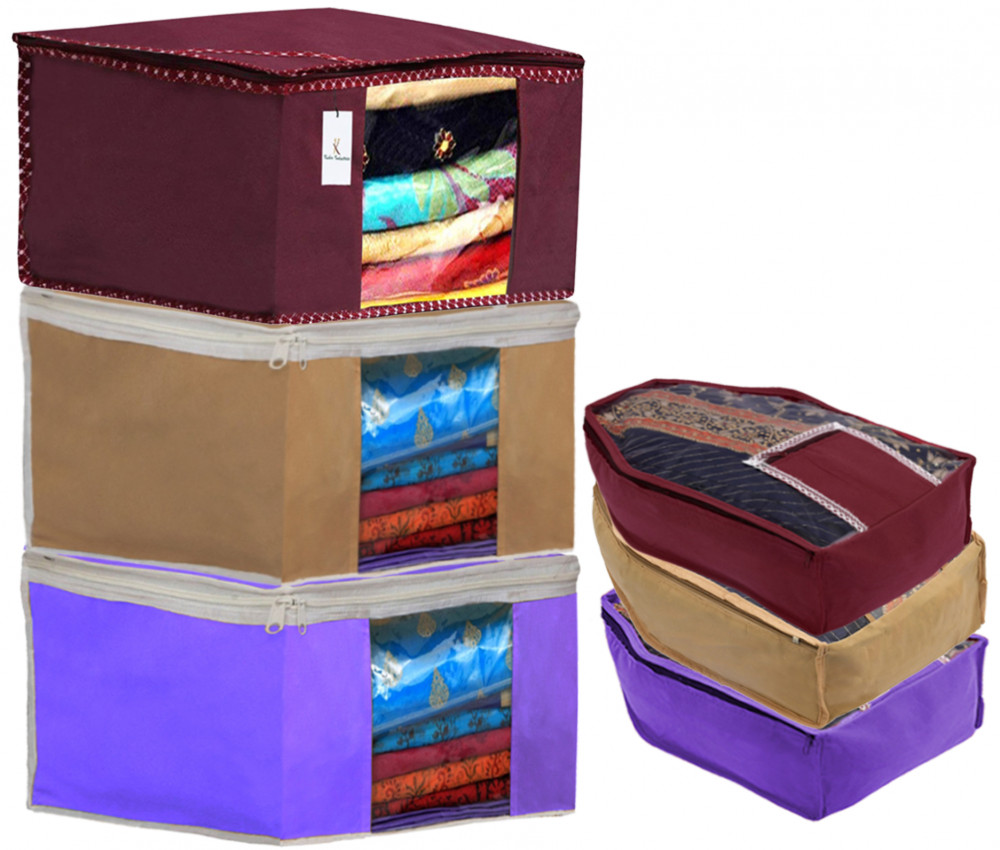 Kuber Industries Non Woven Saree Cover/Cloth Wardrobe Organizer and Blouse Cover Combo Set (Maroon &amp; Purple &amp; Brown)