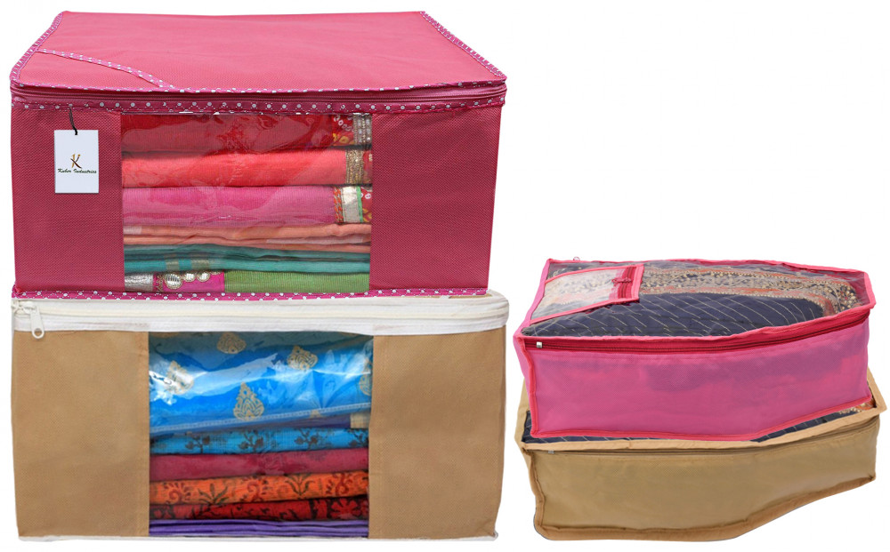Kuber Industries Non Woven Saree Cover/Cloth Wardrobe Organizer and Blouse Cover Combo Set (Pink &amp; Brown)