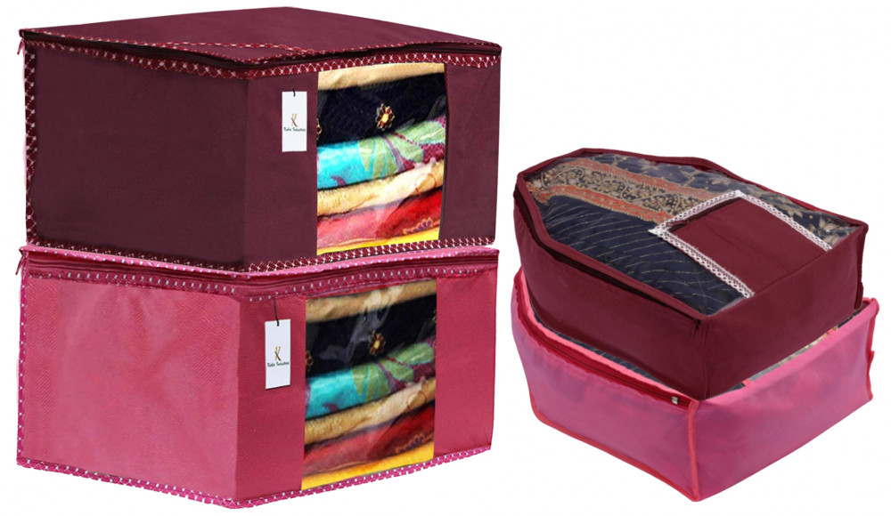 Kuber Industries Non Woven Saree Cover/Cloth Wardrobe Organizer and Blouse Cover Combo Set (Pink &amp; Maroon)