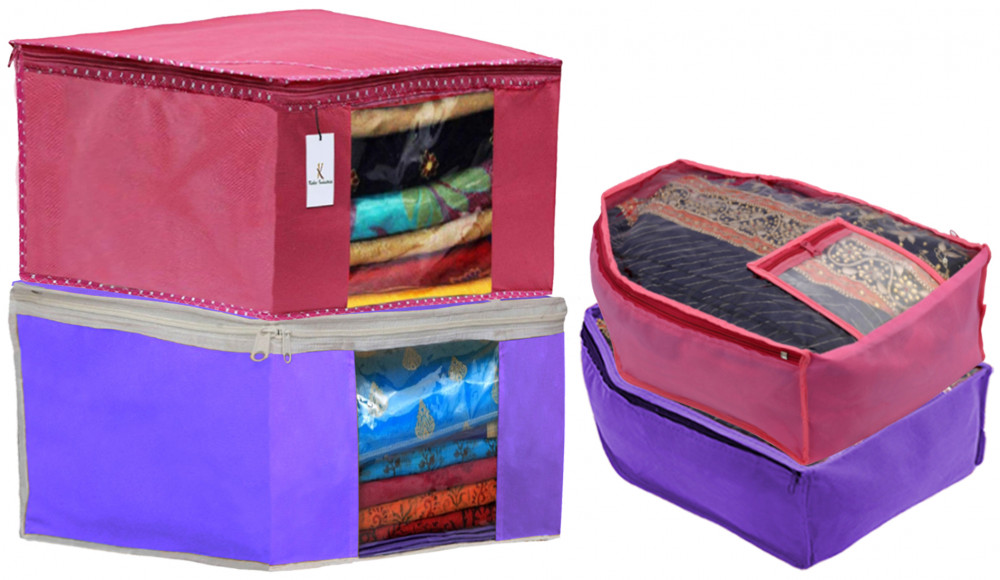 Kuber Industries Non Woven Saree Cover/Cloth Wardrobe Organizer and Blouse Cover Combo Set (Pink &amp; Purple)
