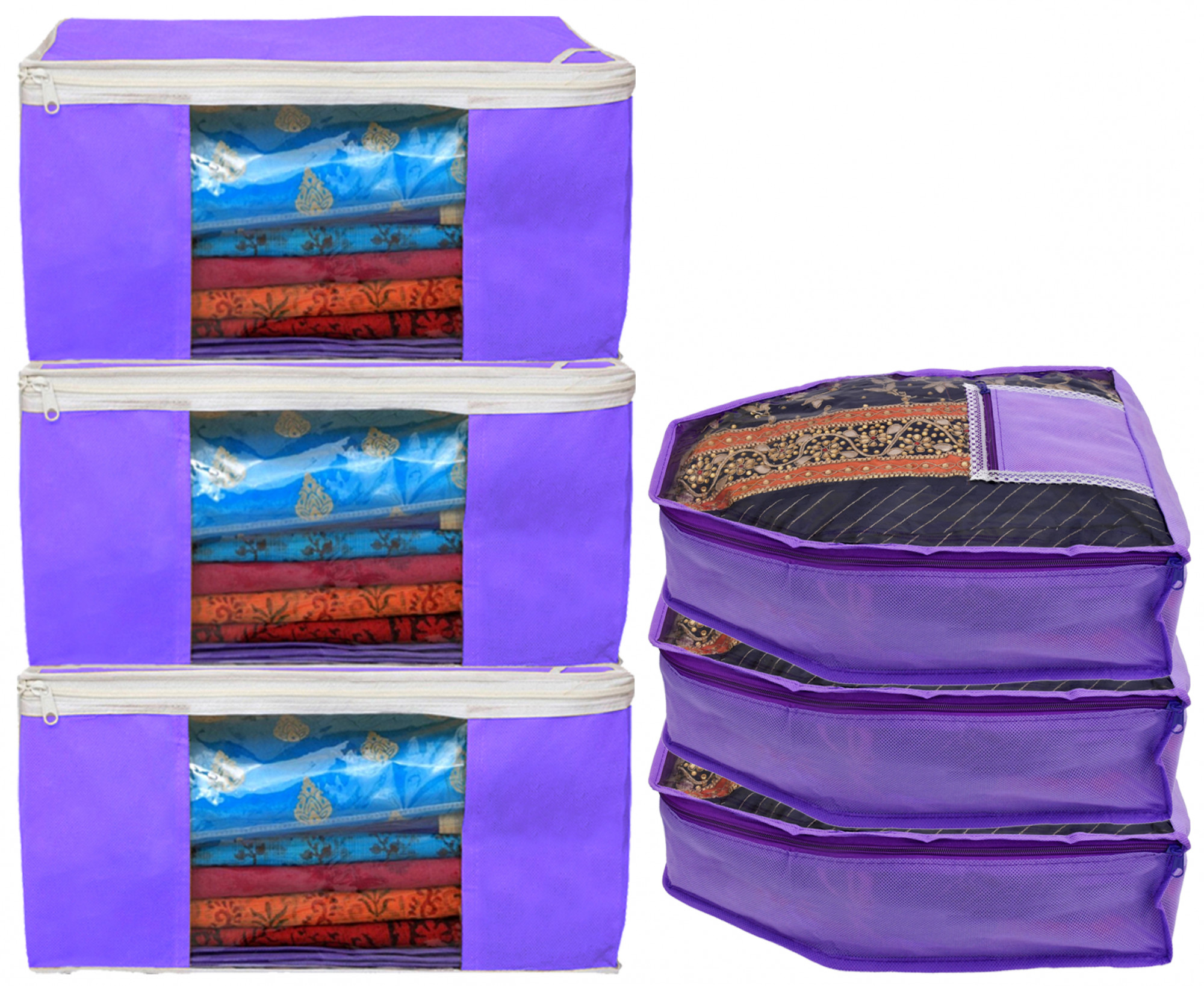 Kuber Industries Non Woven Saree Cover/Cloth Wardrobe Organizer and Blouse Cover Combo Set (Purple)